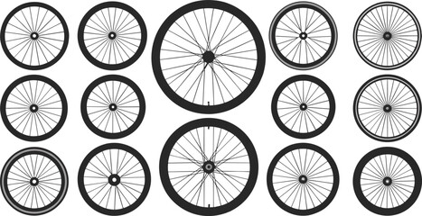 Bicycle wheel silhouettes collection, bike tire spoke rim vector set, cycling wheel illustration isolated transportation design elements