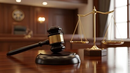 Justice day scales of justice and gavel on a courtroom desk symbolizing fairness and law
