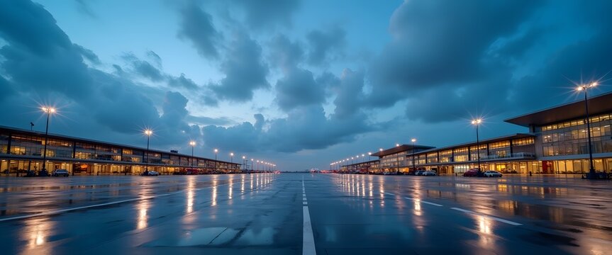 Empty airport runway at dusk with wet tarmac reflecting hangar lights under cloudy blue sky