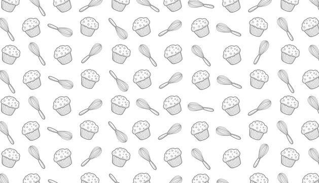 Muffin whisk baking pattern. Cupcake kitchen seamless texture. Handdrawn bakery illustration. Pastry cooking repeat background. Baking wrapping surface.