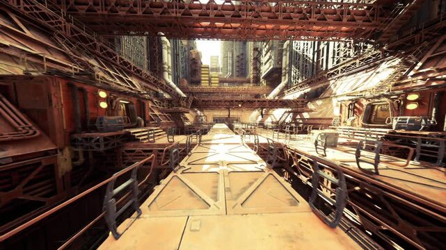 Factory hall overview. Atrium design featuring vertical shafts and beams. Central bright span with overlooking mezzanine and layered corridors