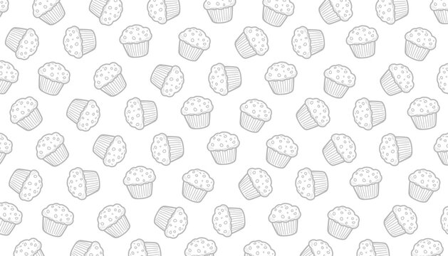 Muffin seamless pattern illustration. Hand drawn bakery texture. Cupcake outline repeat background. Minimal line baking design. Pastry wrapping surface.