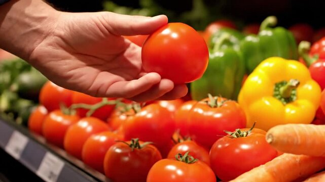 Close-up shot of a shopper selecting a fresh red tomato from a display of vegetables at a grocery store produce section, with colorful bell peppers and tomatoes