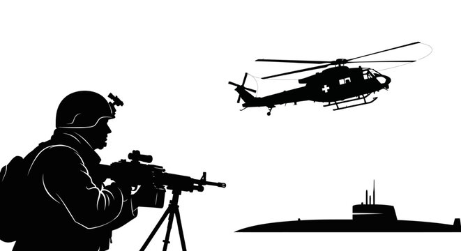 Silhouette of Soldier with Machine Gun, Helicopter, and Submarine - Military Power Concept