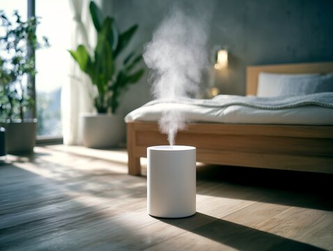 朝の光が差し込む寝室のフローリングに置かれた白いおしゃれな超音波式加湿器から出る蒸気