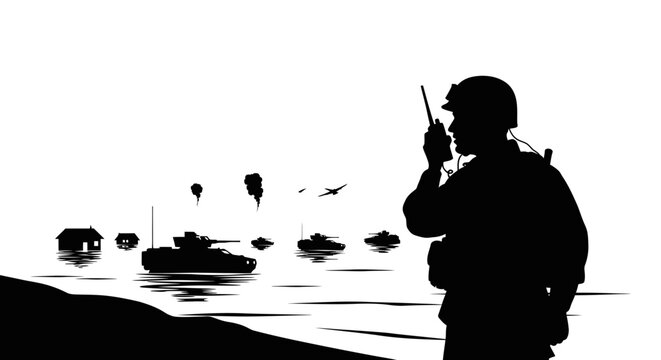 Soldier with radio on beach, military vehicles and houses in background, war scene