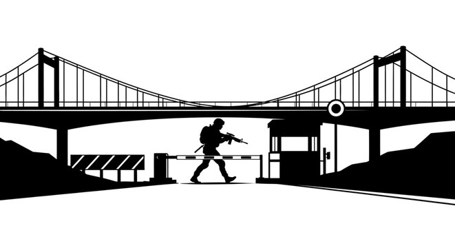 Soldier with rifle crossing checkpoint under bridge, security barrier and guard house