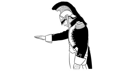 Soldier in historical uniform with plumed helmet saluting with outstretched hand