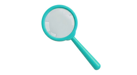Teal magnifying glass isolated on white background, close-up