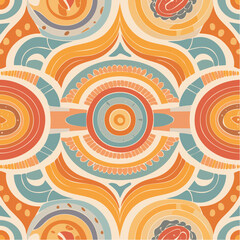 Fototapeta premium Retro 70s Seamless Pattern with Symmetrical Mandala Circles and Abstract Waves