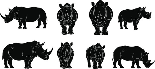 Black Rhinoceros Silhouette Vector Set, African Rhino Standing and Front View Icons, Wild Safari Animal Illustrations Isolated on White Background, © Khadija