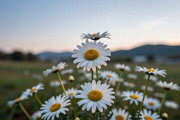 A field of white daisies with a blue sky in the background © Mingqing