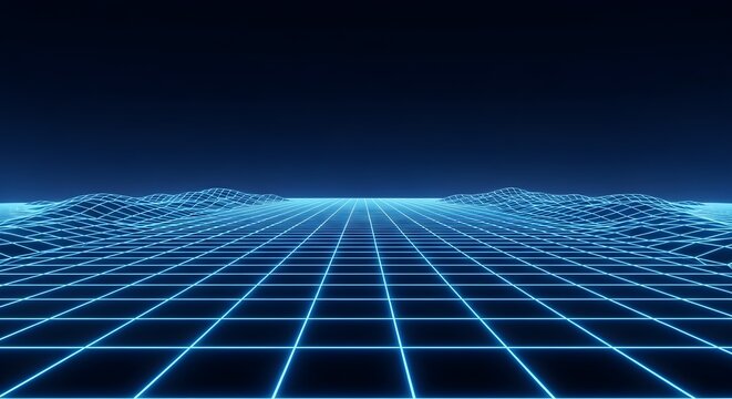 Futuristic Neon Grid Terrain with Digital Wave Landscape