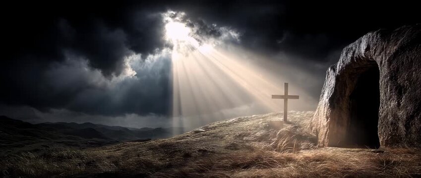Empty tomb and cross with divine light from clouds