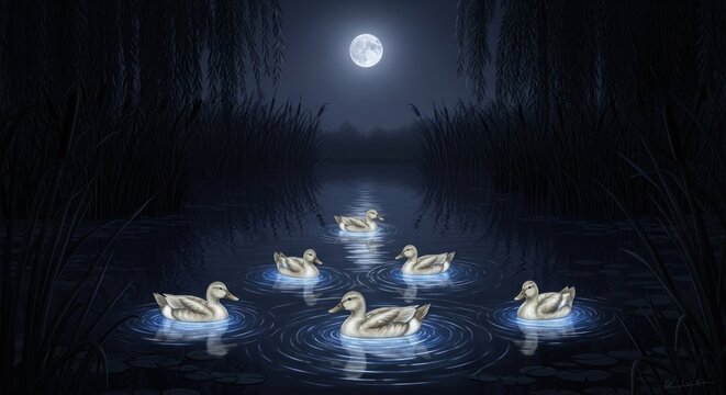Illuminated ducks swim serenely in a dark pond under a bright full moon, creating a magical and dreamlike atmosphere with reflections in the water, bordered by tall reeds and weeping willow trees.