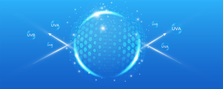 Glowing UV shield sphere protecting skin from sun light. Transparent dome barrier with soft background effect. Abstract protection concept. Vector.