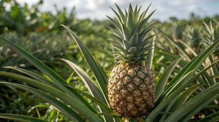 Obraz premium Close-up of Fresh Ripe Pineapple Growing in Tropical Agriculture Plantation