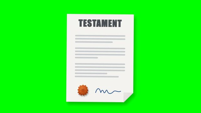 Formal Testament Document Appears Animated with Signature and Seal Presentation Chronological Progression on Vibrant Green Screen Background