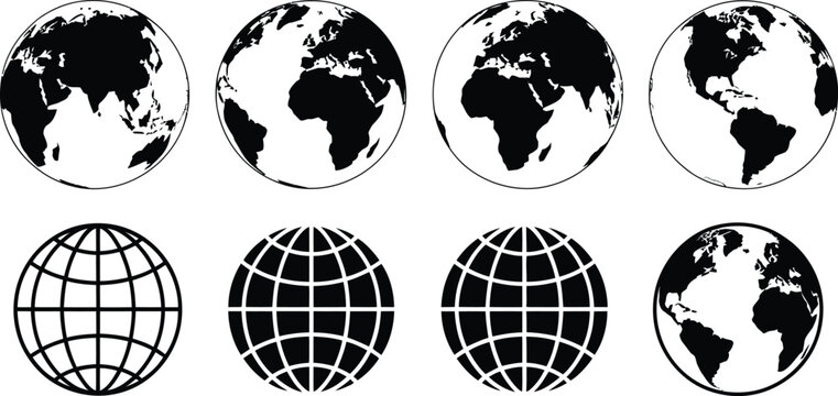 Varied depictions of world maps and globes in black and white illustration style isolated on transparent background, Vector