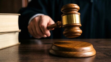 Judge holding a wooden gavel just above the sound block next to stacked legal books symbolizing justice and authority.