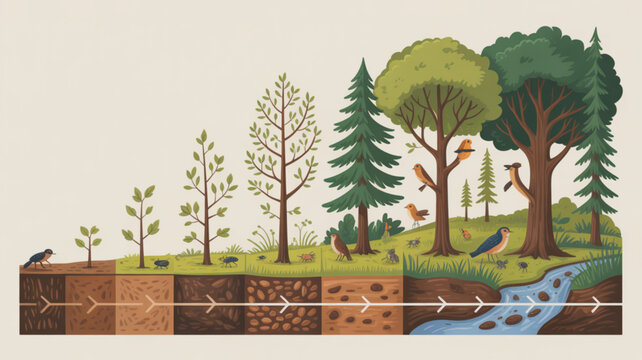 Ecological layers forest ecosystem with trees stream soil sections and wildlife illustrating environmental growth and biodiversity
