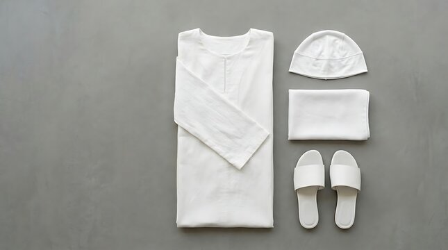 Crisp white prayer garment collection thobe, head covering, and footwear arranged as a stylish flat lay Ramadan MockUp for cultural or religious themes