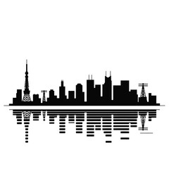 Black silhouette of a city skyline with a mirrored reflection below