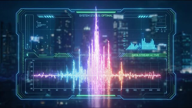 Vibrant neon audio waveform glowing in blue purple concept. Futuristic digital interface showing colorful frequency analysis with active data stream and system status optimal