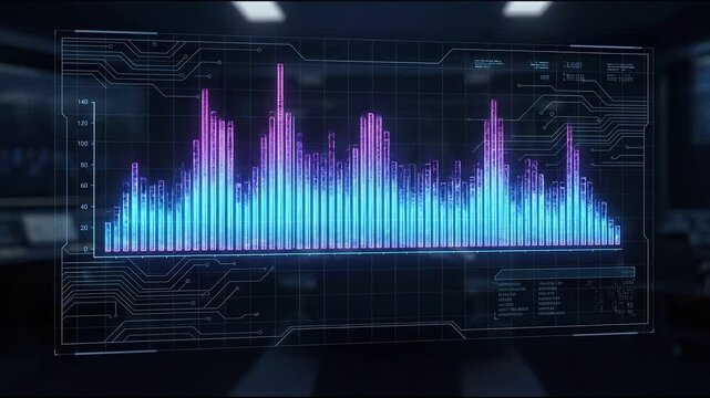 Vibrant neon audio waveform glowing in blue purple concept. Futuristic digital data visualization with vibrant neon blue and purple bar graphs representing analytics and technology