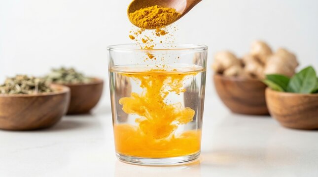 Yellow turmeric powder pouring from a wooden spoon into a glass of water creating a vibrant cloud effect