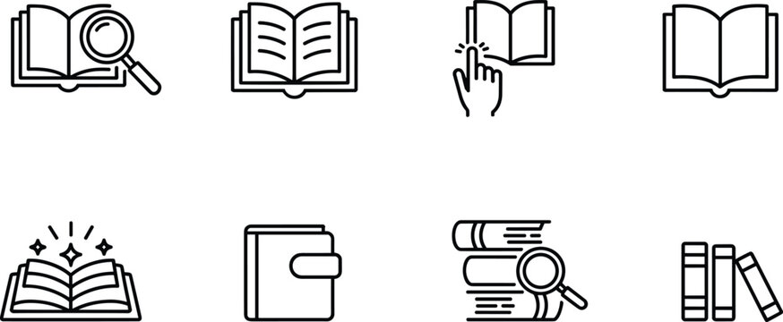 Education and library book vector icon set for academic research, university literature, and digital online learning