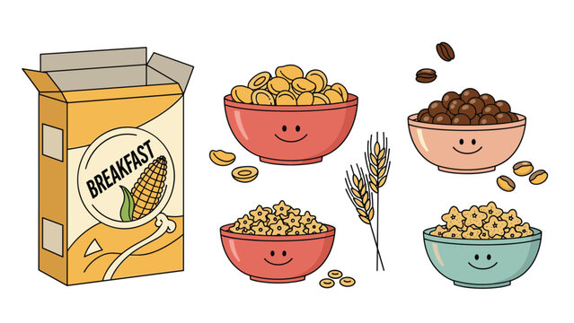 Breakfast scene featuring an open box of cornflakes and several bowls filled with different types of cereals like stars and chocolate balls.