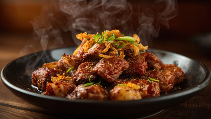 Spicy grilled pork bites with scallion and fried onion garnish, steaming and savory