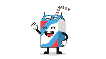 Fototapeta premium Happy cartoon character of a milk carton with a red and blue stripe design waving its hand with a joyful facial expression.