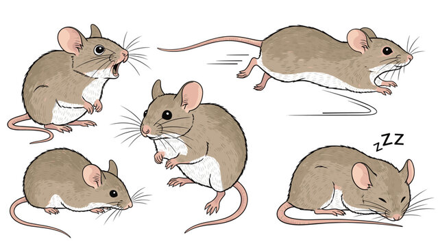 Group of small brown mice depicted in various activities such as running, shouting, sleeping, and standing on hind legs for educational use.