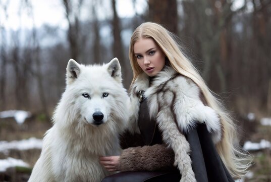A woman with blonde hair and a wolf rests in a snowy forest.