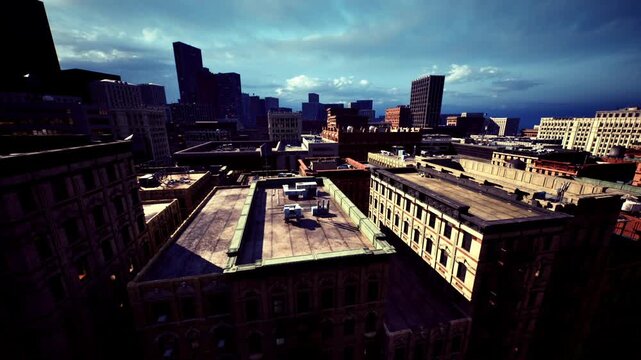 Dramatic dusk rooftop silhouette against stormy sky, deep shadows across flat roofs, contrasty clouds and cinematic city mood ideal for editorial scenes