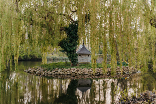 Willow tree and duck house on small island in park pond