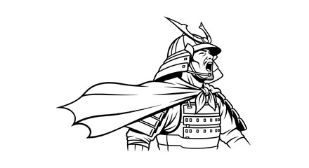 Obraz premium Dynamic Samurai Warrior in Armor with Flowing Cape, Shouting Battle Cry