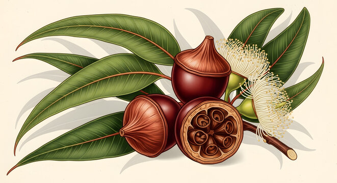 Botanical study of a gumnut from a eucalyptus tree