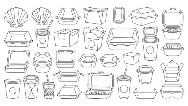 Extensive grid of disposable take-out containers, cups, and food boxes shown in a simple black and white line art for packaging design use.