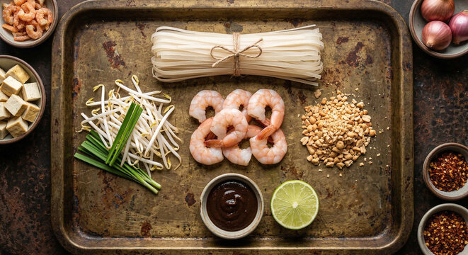 Hyper-realistic top down view of raw Pad Thai ingredients on a vintage brass tray