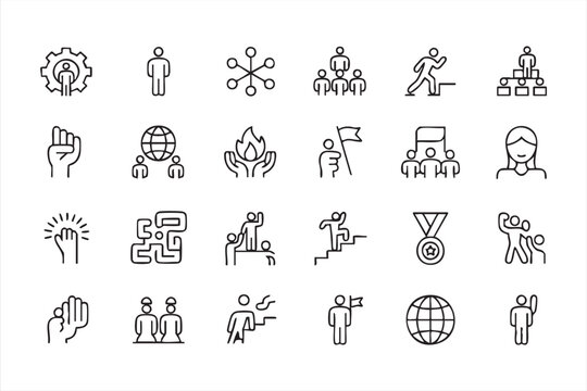 Leadership And Teamwork Outline Icons Featuring Success Motivation Career Growth And Collaboration Symbols