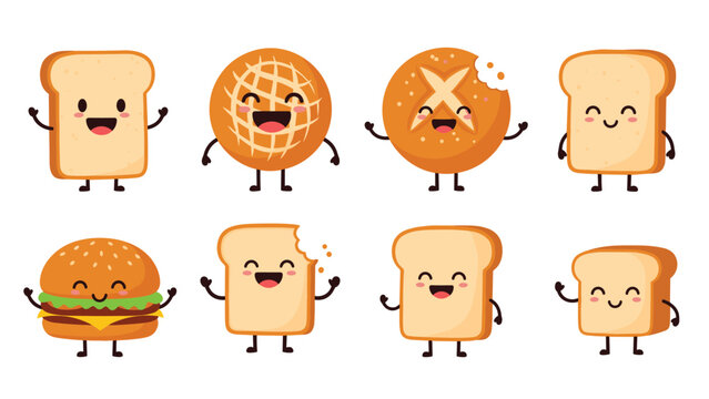 Adorable set of cartoon food characters featuring smiling slices of bread, round buns, and a tasty hamburger with faces.