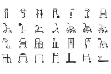 Disability Support And Mobility Aid Icon Set Featuring Wheelchair Walker Cane And Rehabilitation Equipment