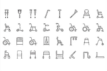 Medical Mobility Equipment Line Icons With Wheelchairs Walkers Scooters And Accessibility Ramps