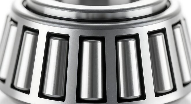 Extreme close up photograph focusing on the highly polished conical rollers and metallic cage assembly of a precision tapered roller bearing component isolated on white.