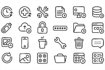 User Interface And System Outline Icons Featuring Upload Download Cloud Storage And Security Symbols
