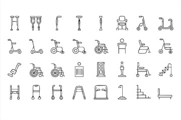 Assistive Medical Equipment Vector Icons With Wheelchairs Walkers Mobility Scooters And Ramps