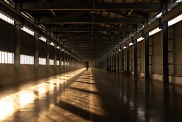 Naklejka premium A lone figure stands in a long, dark industrial warehouse.